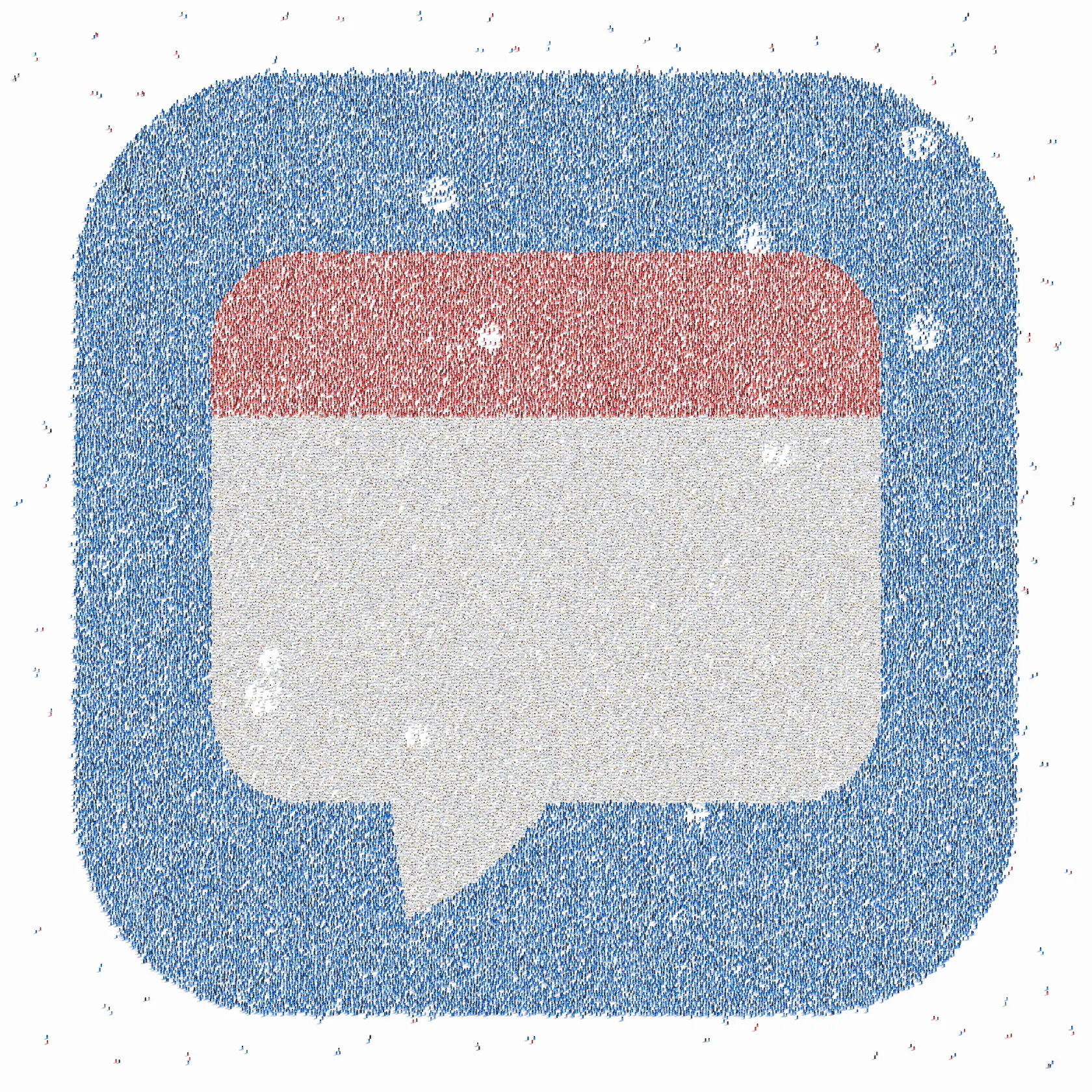 An aerial-view illustration of exactly one hundred thousand tiny people forming the OurCal app icon: a calendar fused with a chat bubble