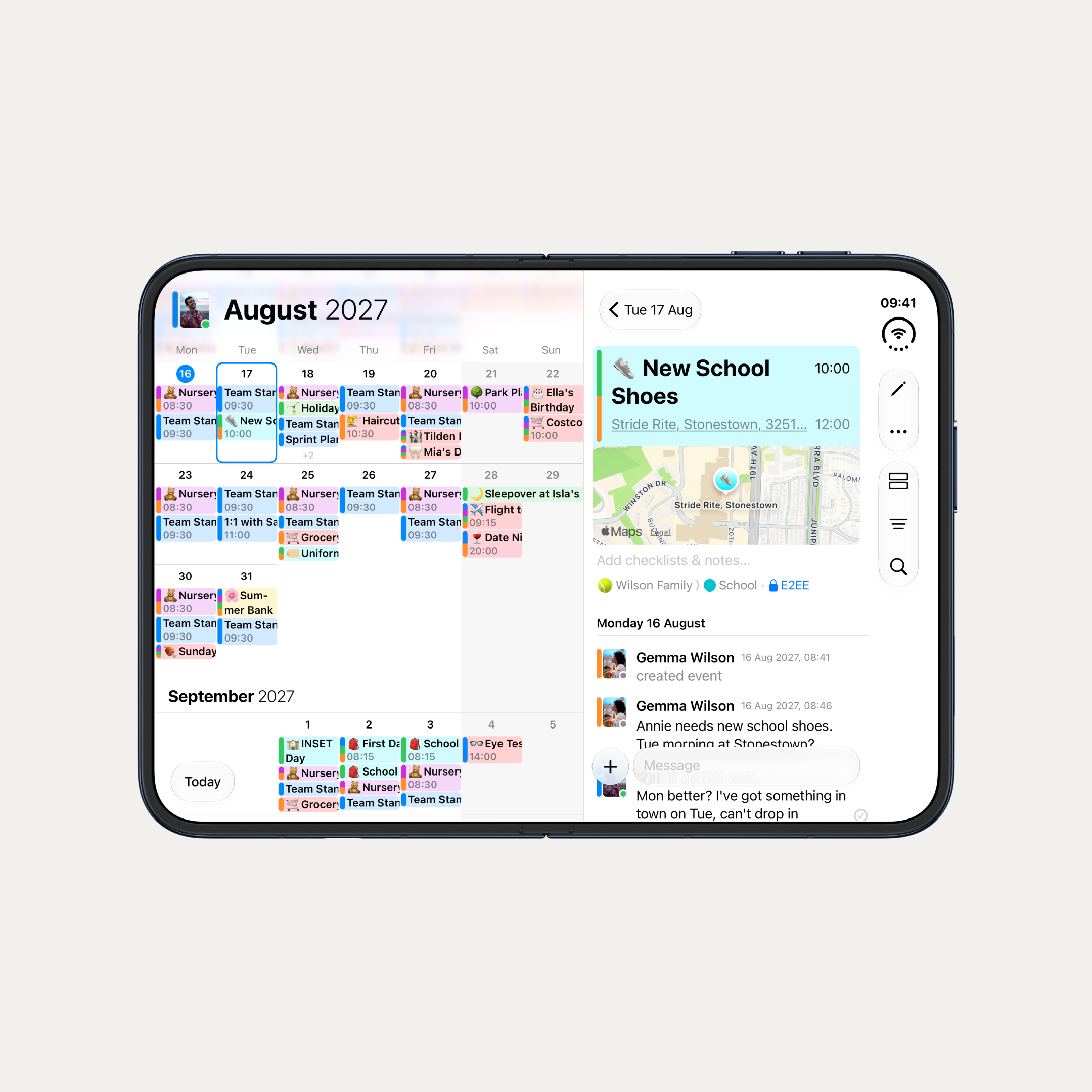 An iPhone Duo unfolded in landscape showing the OurCal calendar for August 2027 on the left and the New School Shoes event open in the agenda column on the right, with a map preview and the Wilson Family chat thread below.