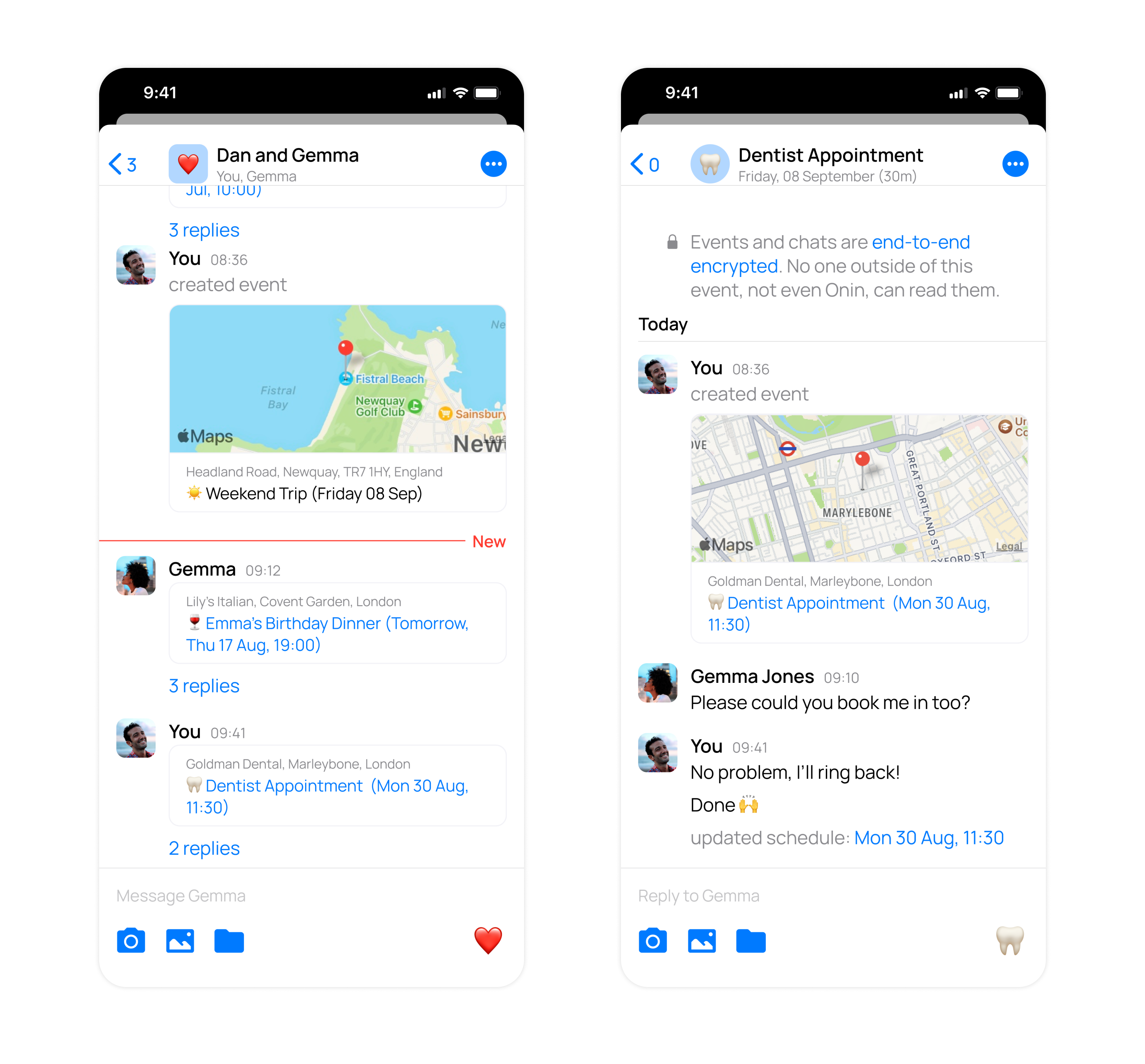 An event thread with chat in the OurCal app