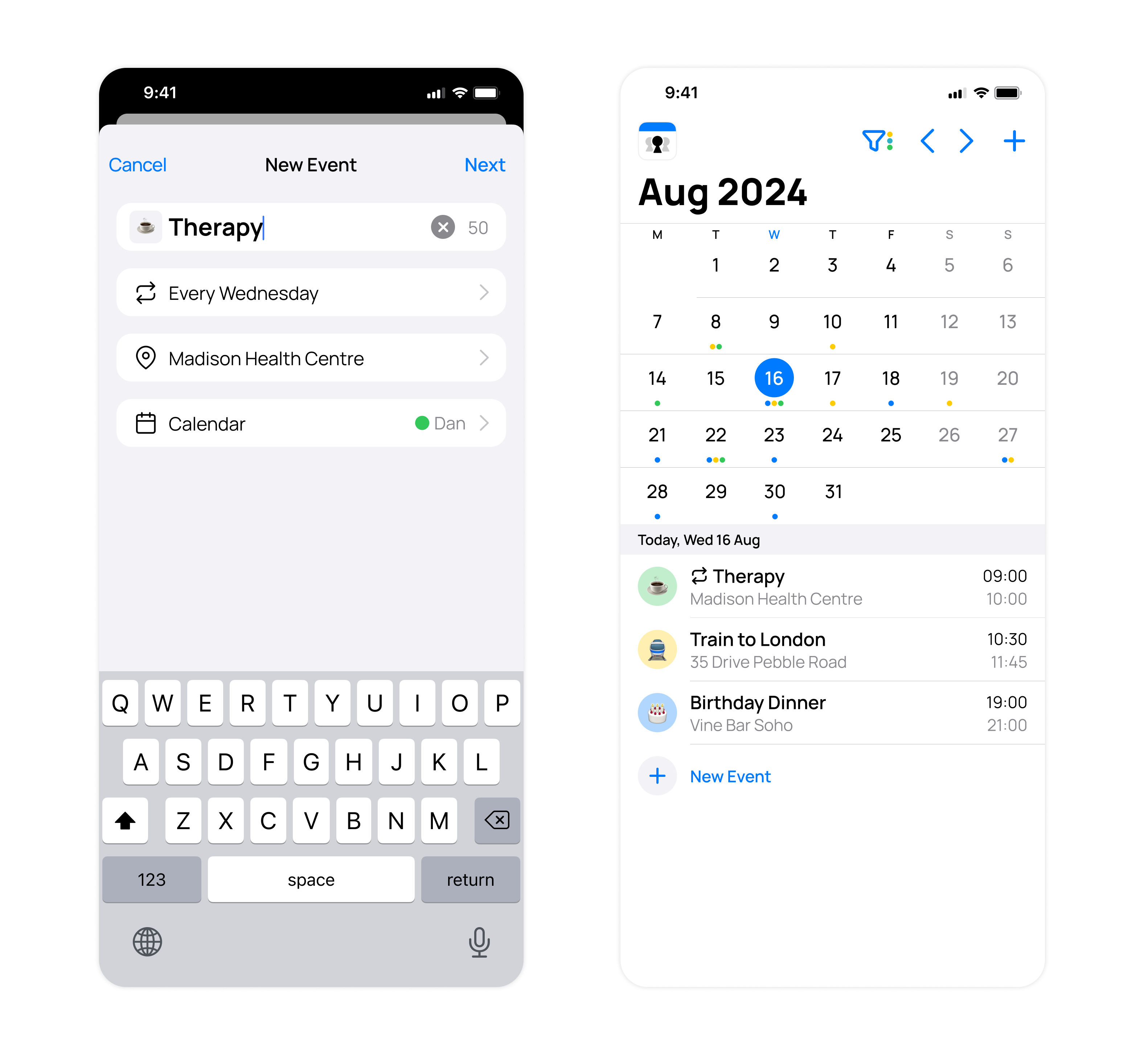 Repeating events in the OurCal app