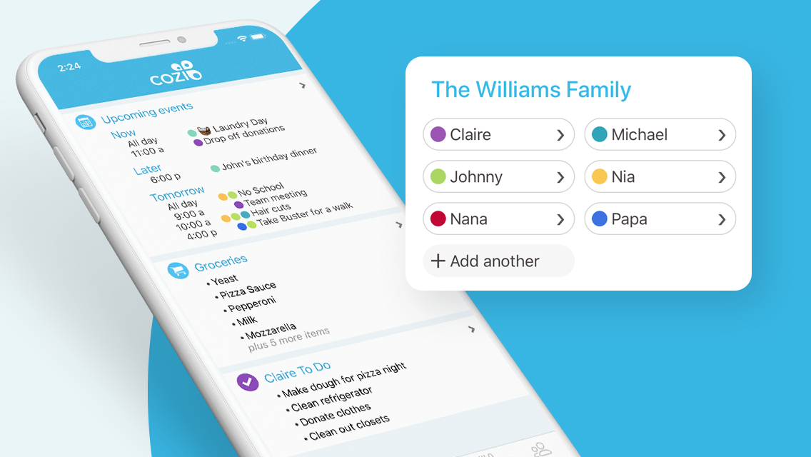 Cozi Family Calendar, showing upcoming events, grocery list, and to do list, with family member's names and their respective colour dot.