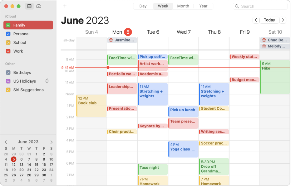 Apple calendar being used as a family calendar, showing many events across the month in different colours.