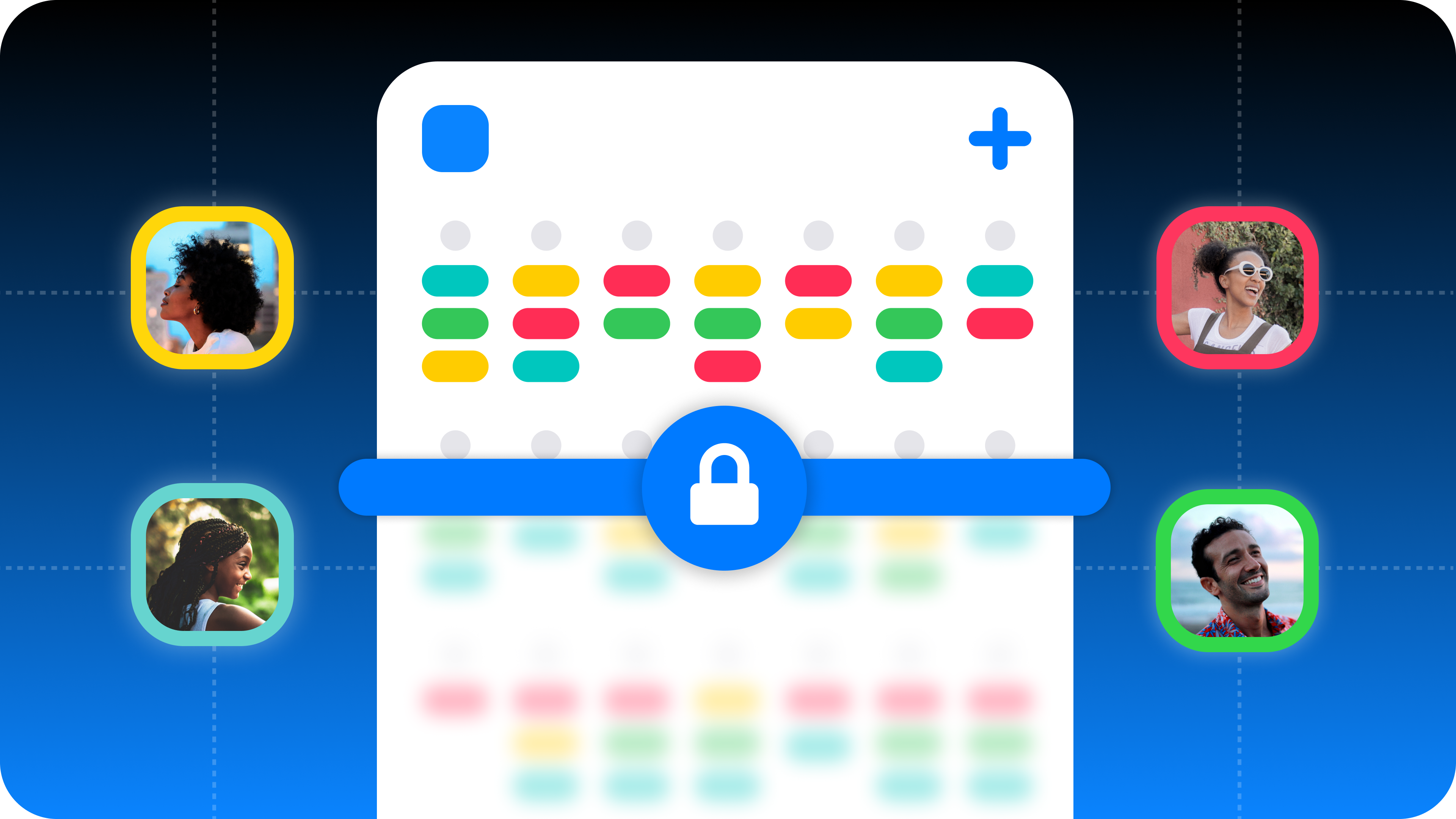 OurCal shared calendar app shows family members gathered around a shared calendar that is guarded by a lock icon, indicating privacy.