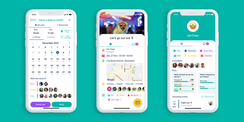 Howbout social calendar app showing their shared calendar, event info screen, and polls.