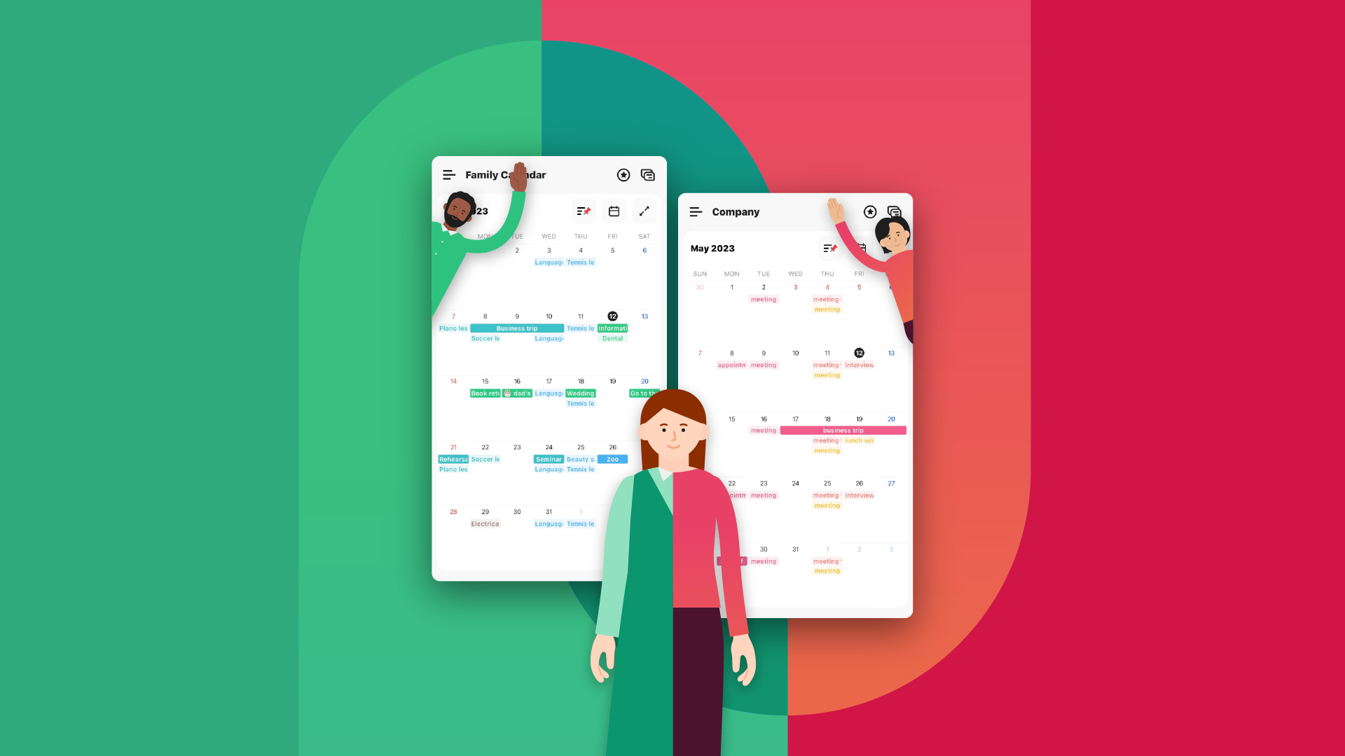 Image of the TimeTree Shared Calendar app, showing both a Family calendar and a Work calendar. Beside them is a man and woman, representing a couple. 