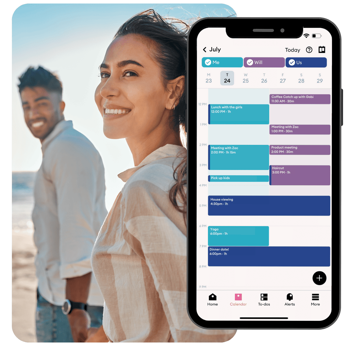Cupla couple's calendar app, showing calendar view split between "me" "you" "us". Showing the ease of sharing calendars in a couple with colour coded events and a neat calendar view.