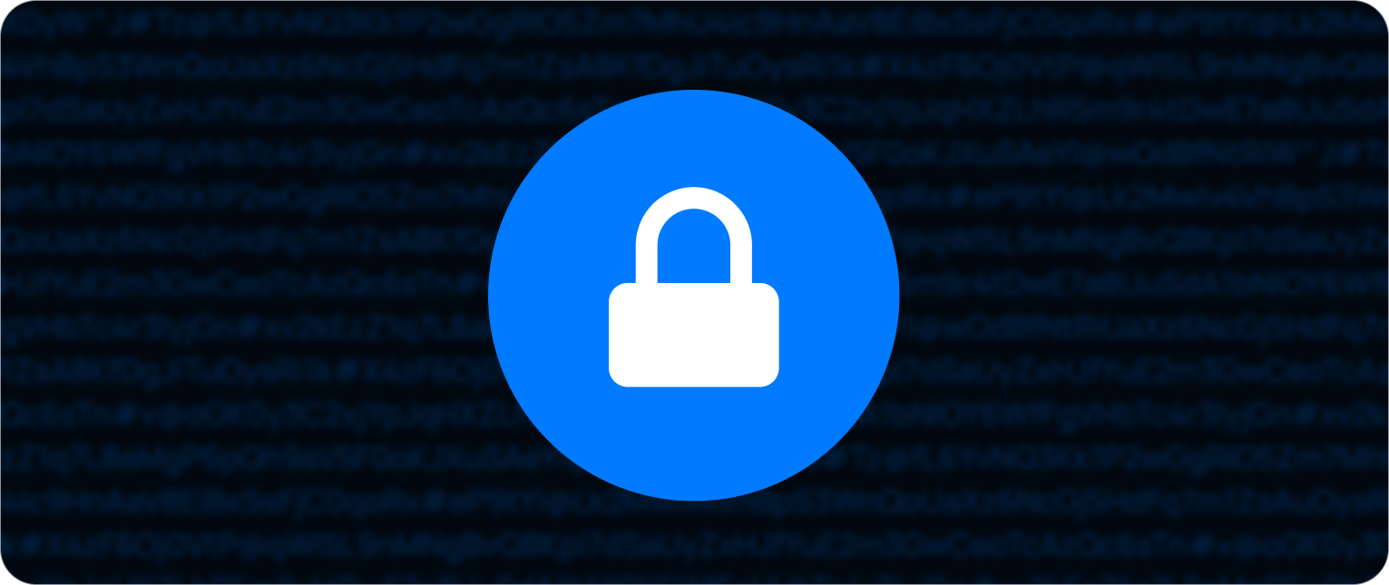 White lock inside a blue circle with blurred cypertext in the background representing end-to-end encryption and privacy.