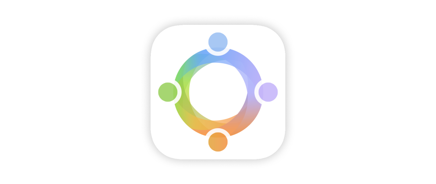 FamCal shared calendar app icon, 4 dots connected to a circle