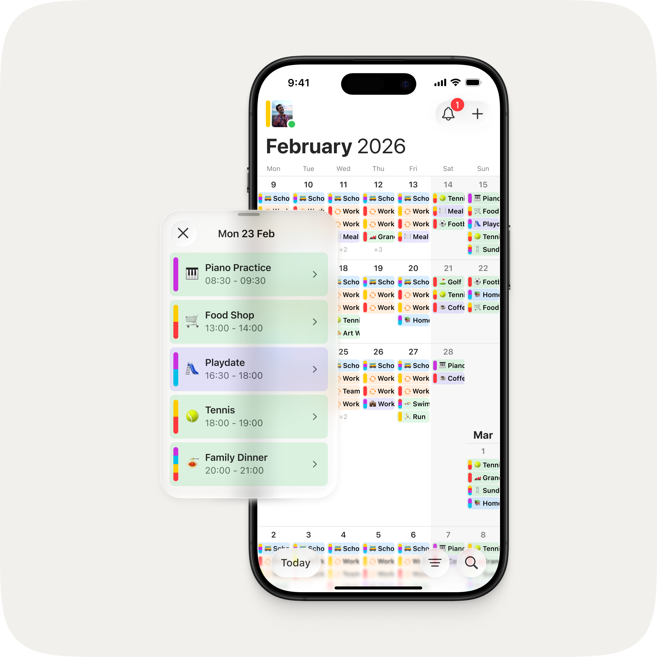 The all-new OurCal app for iPhone showing a full-month calendar view for February 2026 with colour-coded events, and an agenda sheet listing the day's events including Piano Practice, Food Shop, Playdate, Tennis, and Family Dinner.