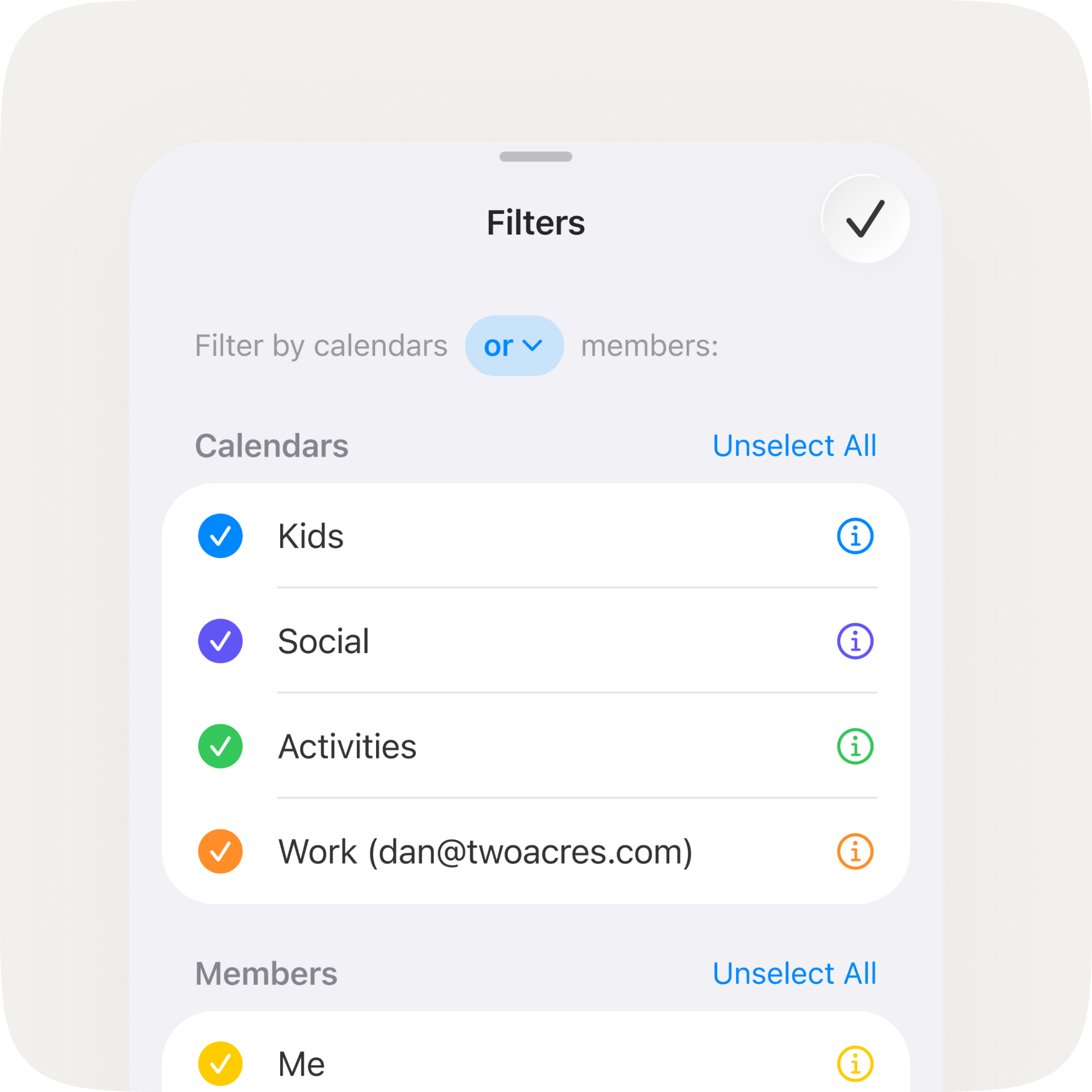 The new Filters screen in OurCal showing and/or filtering by calendars — Kids, Social, Activities, and Work — and by members, with toggles to select or unselect all.