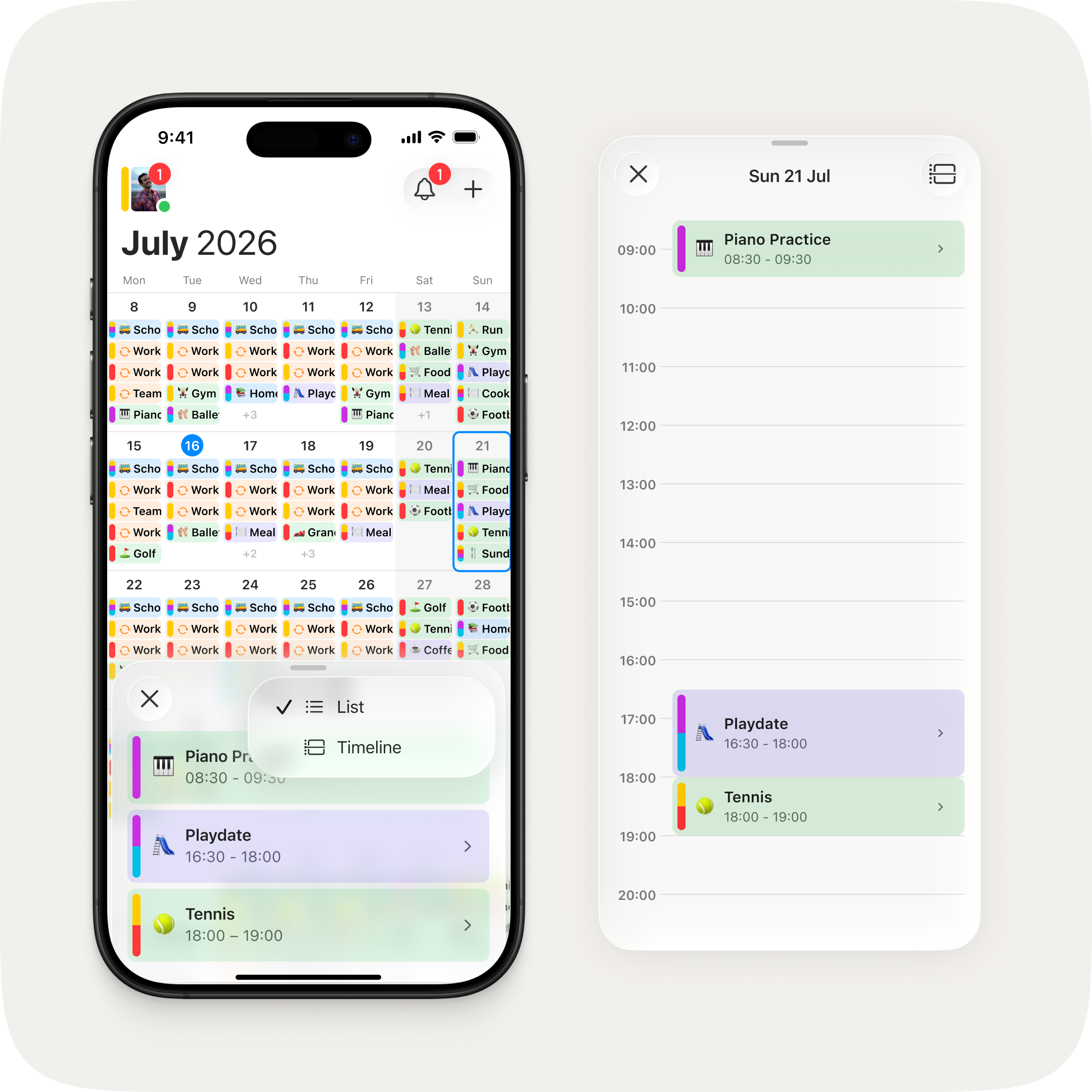 The OurCal calendar view for July 2026 with a list/timeline toggle in the agenda sheet, alongside a timeline day view for Friday 21 July showing Piano Practice, Playdate, and Tennis laid out across the hours.