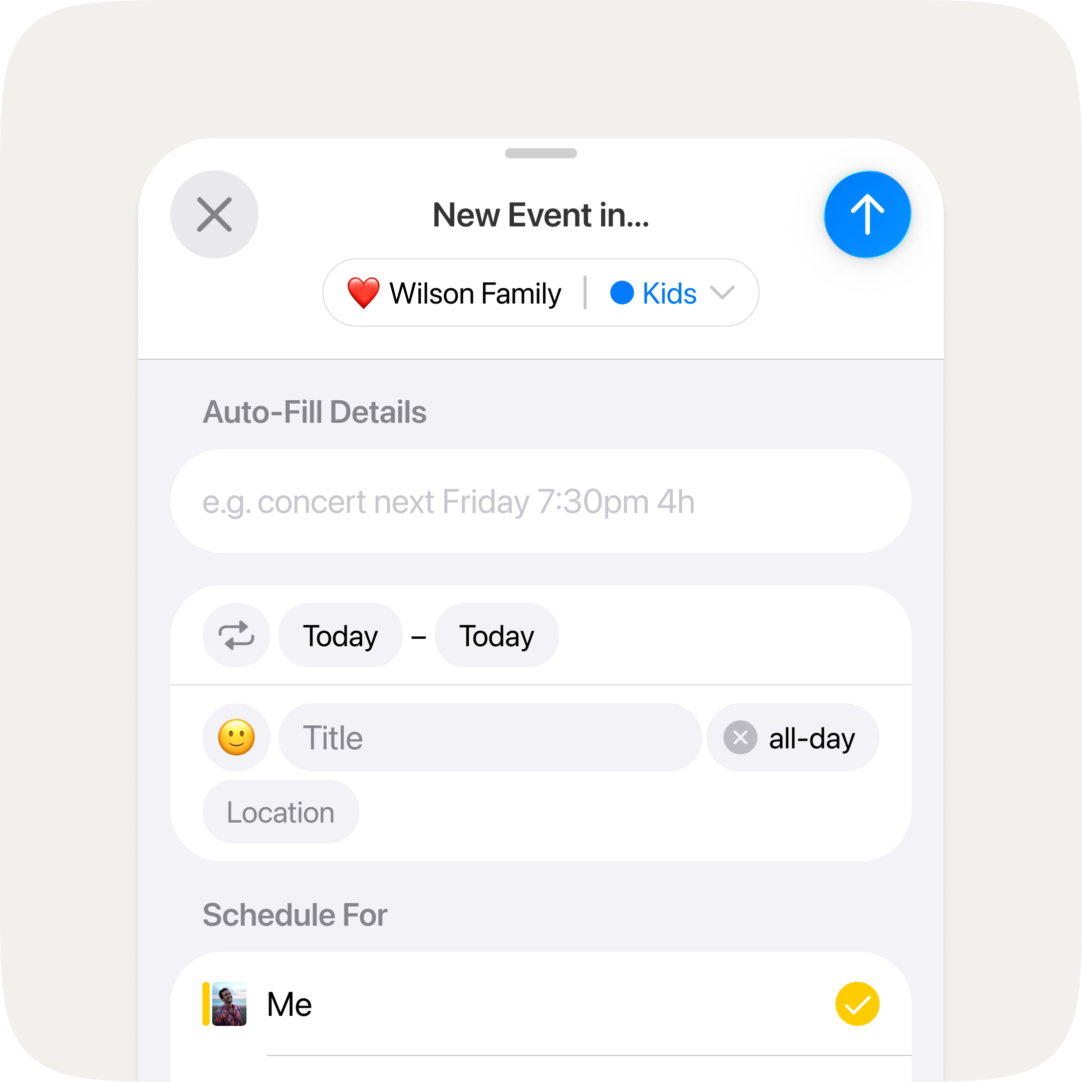 The new event creation screen in OurCal showing the Wilson Family group, Auto-Fill Details input, date and title fields with a single-tap all-day toggle, and a Schedule For section with members Annie and Gemma selected.