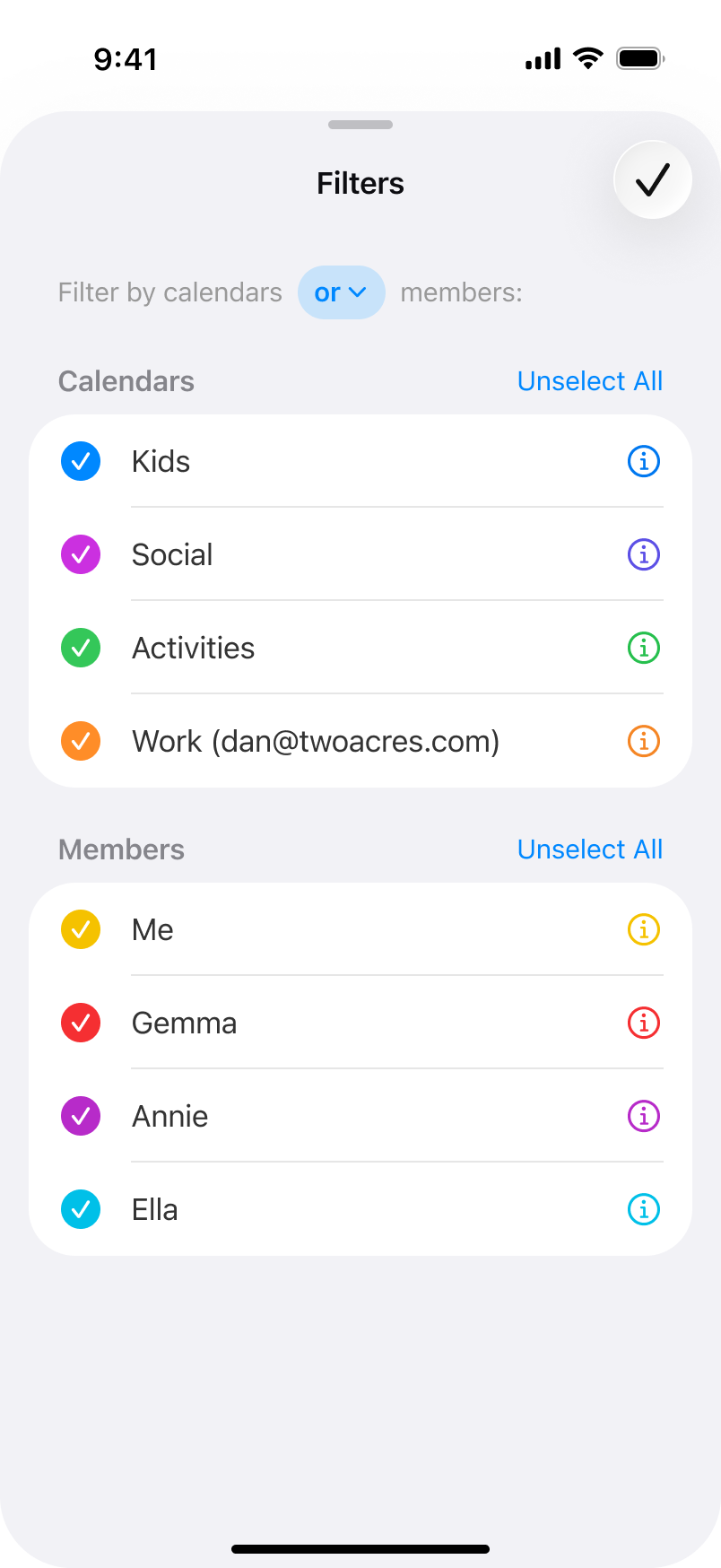 OurCal Filters screen showing calendars and members with "or" filter mode