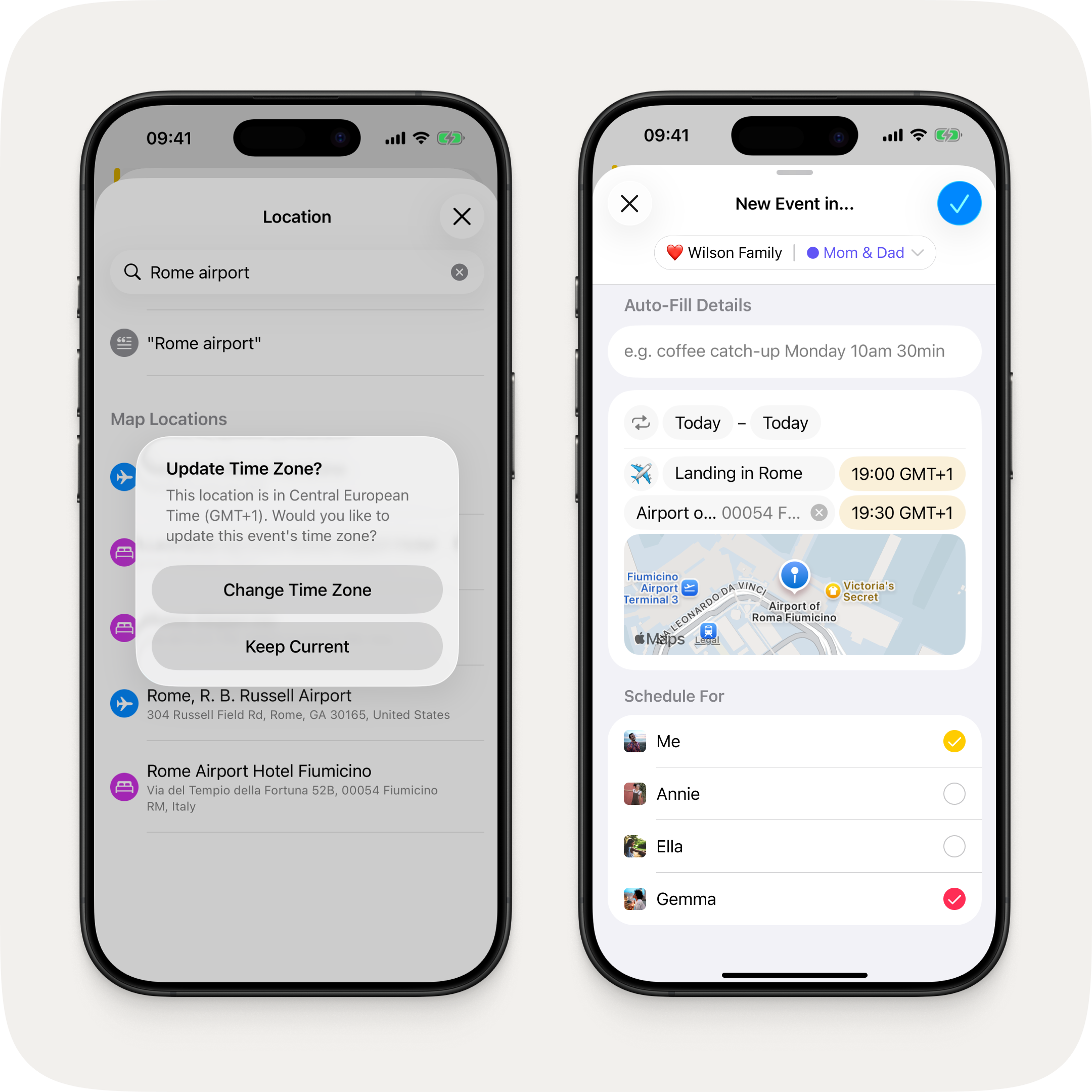 Two iPhones showing the location picker and event creation screen. On the left, searching for "Rome airport" triggers an alert offering to update the event's time zone to Central European Time. On the right, the event shows the updated time in GMT+1.