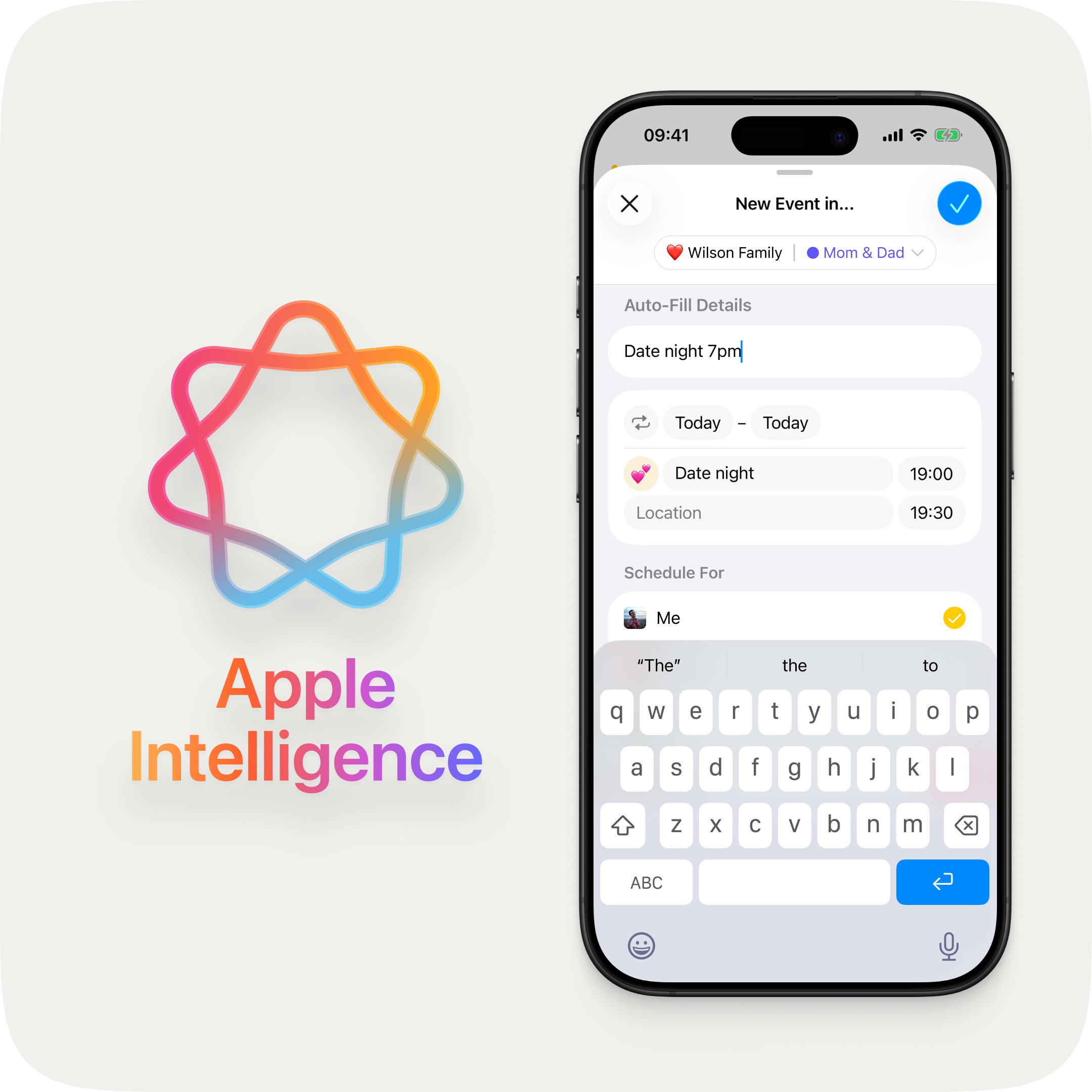 Two iPhones showing the event creation screen. On the left, a spinner appears next to "Date night" while Apple Intelligence processes. On the right, a heart emoji has been suggested automatically.