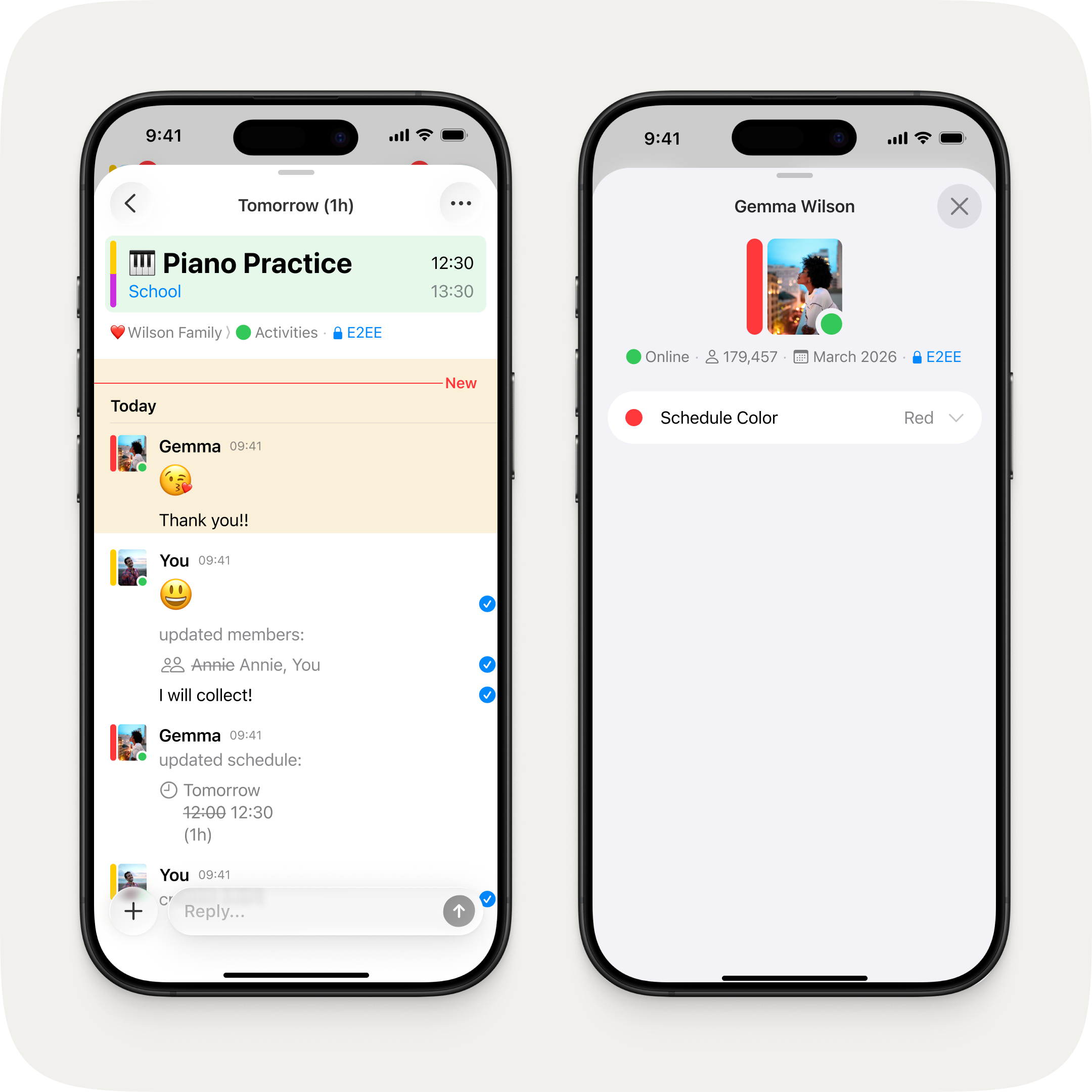 Two iPhones side by side. On the left, an event chat thread showing green presence dots on member avatars alongside message delivery indicators. On the right, a member profile showing "Online" status with a green dot.