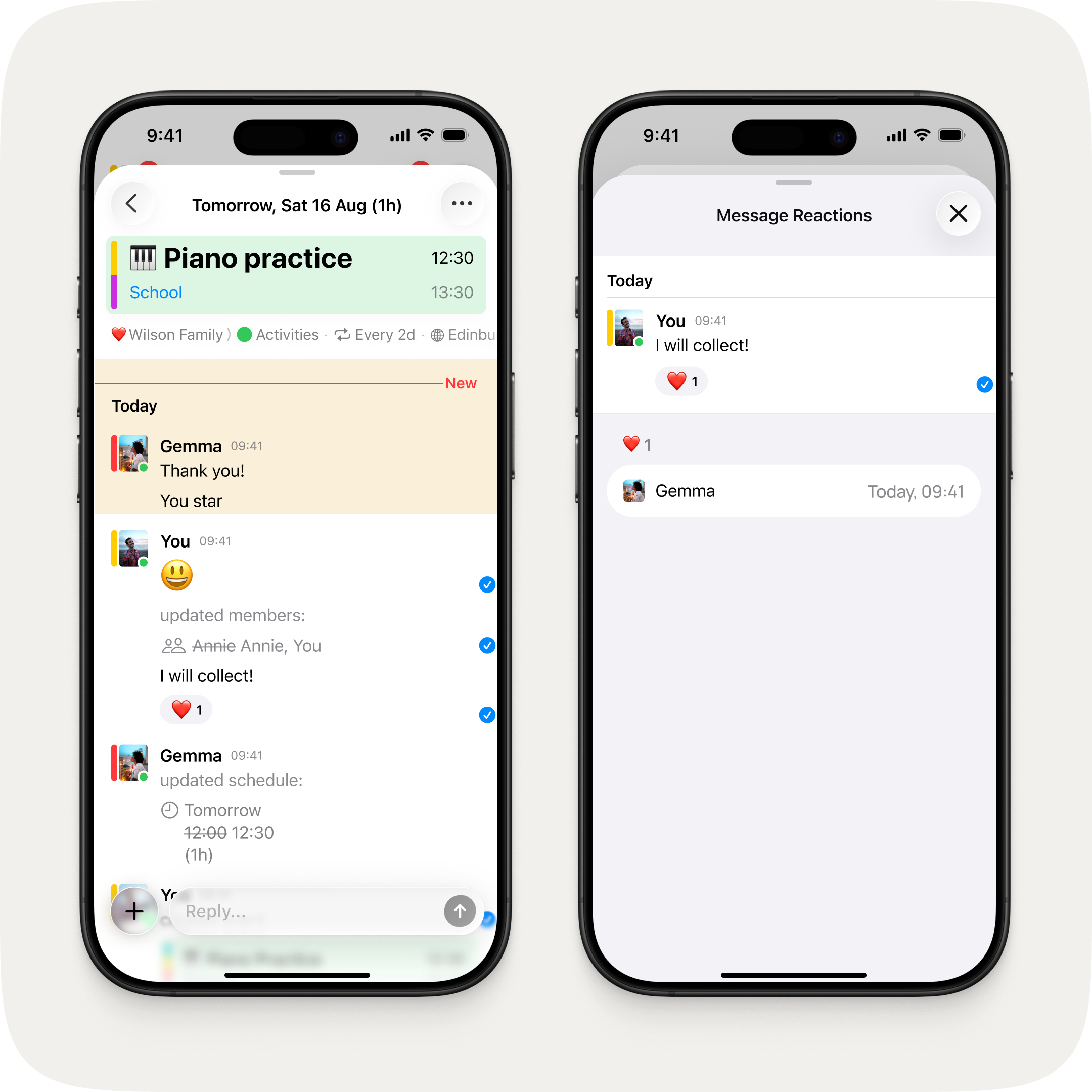 Two iPhones side by side. On the left, an event chat thread showing a heart reaction on a message. On the right, the Message Reactions detail view showing who reacted and when.