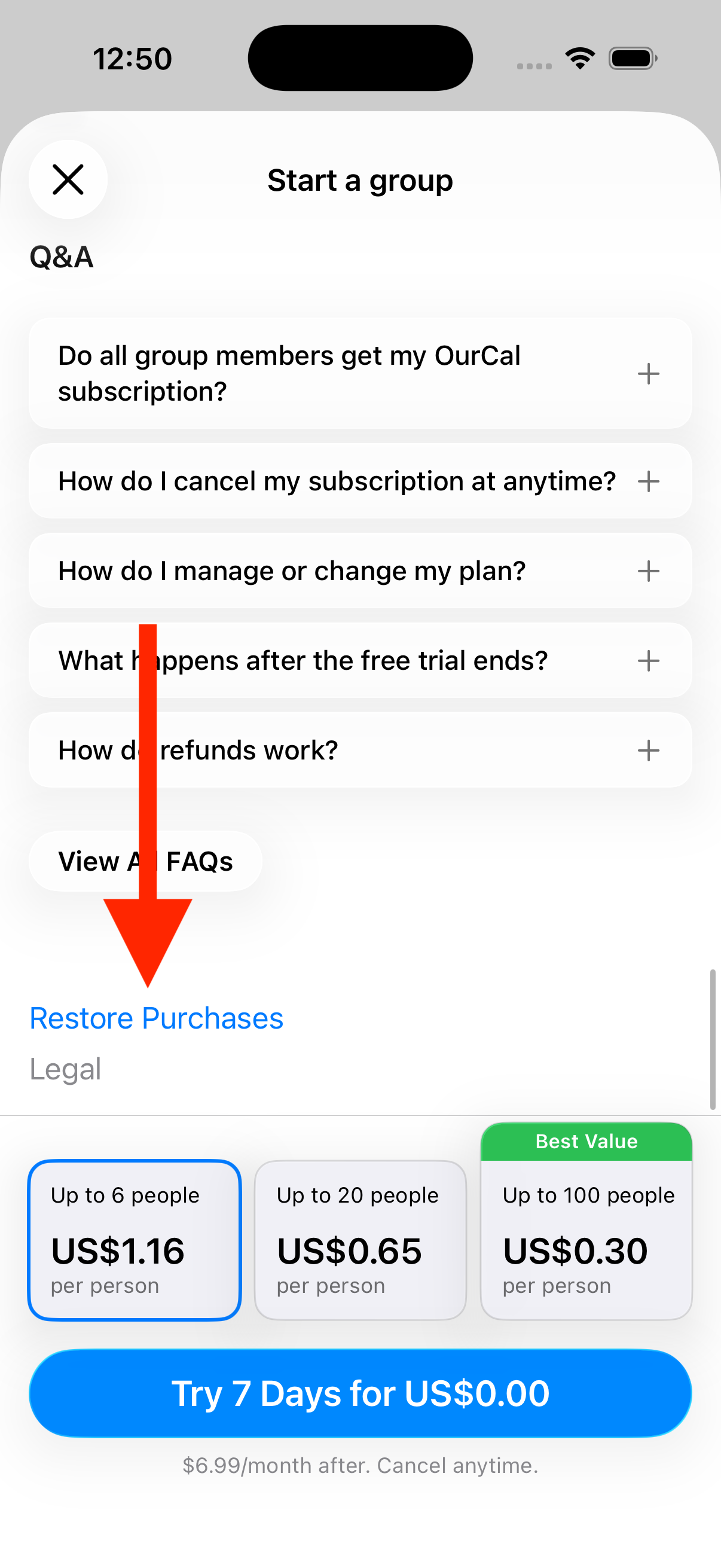 OurCal Start a group paywall showing Q&A, Restore Purchases link, and subscription pricing