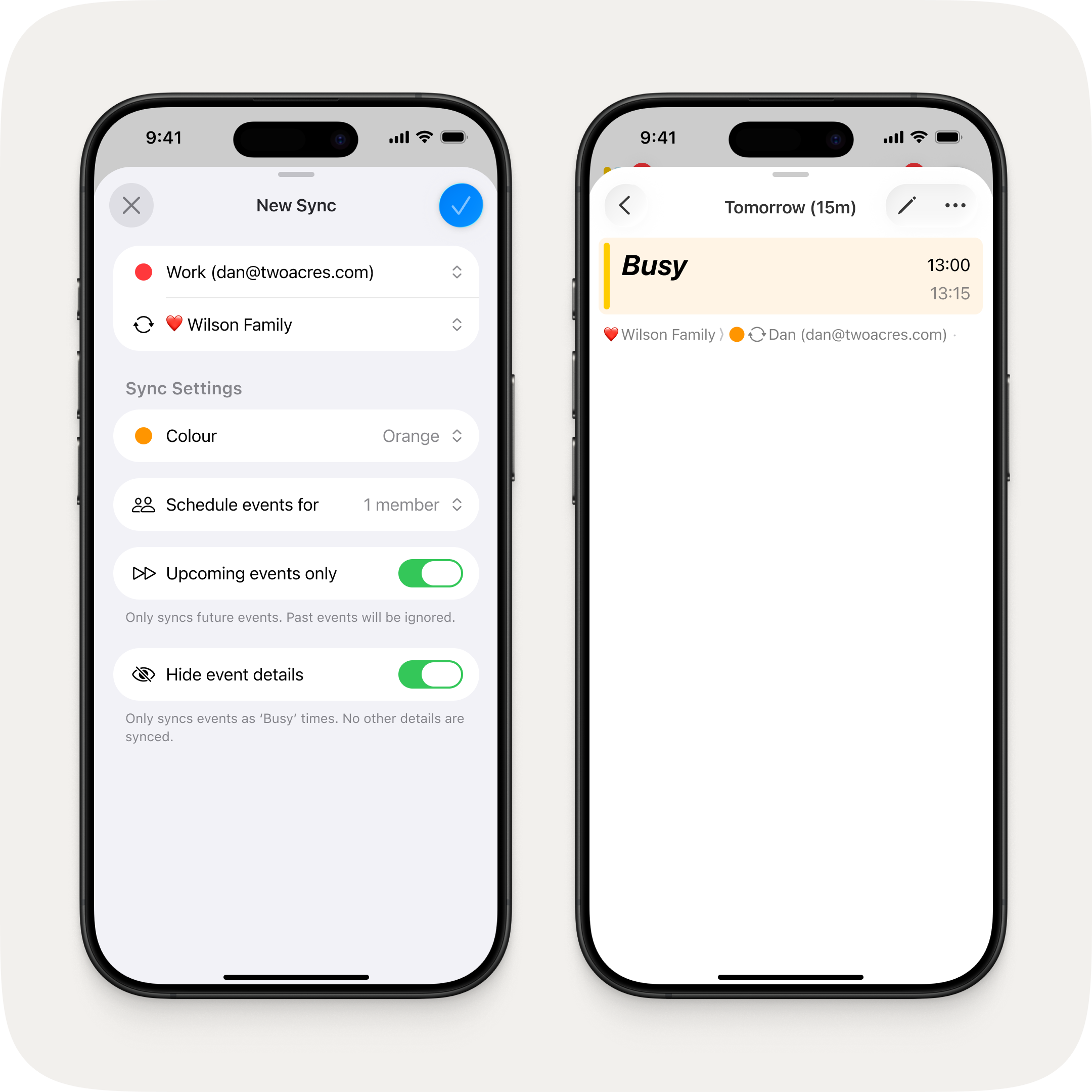 Two iPhones side by side. On the left, the sync setup screen showing colour, member scheduling, upcoming events only, and a new "Hide event details" toggle. On the right, a synced event appearing simply as "Busy" with no other details visible.