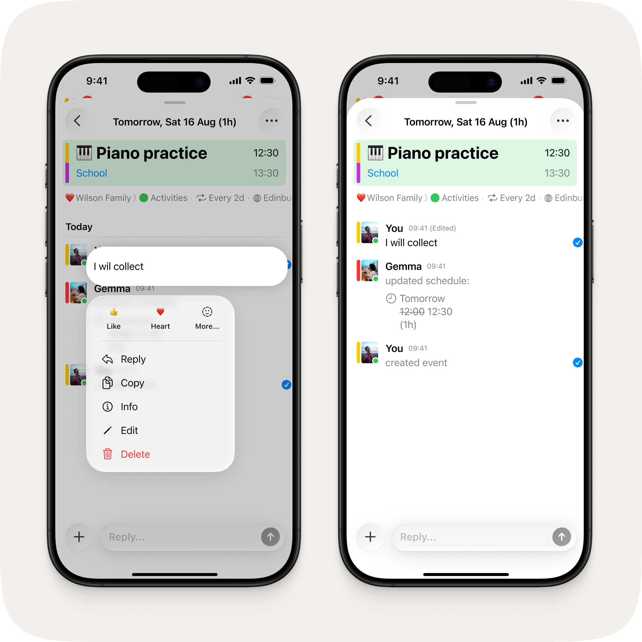 Two iPhones side by side. On the left, the long press menu showing Reply, Copy, Info, Edit, and Delete options. On the right, an edited message showing "I will collect" with an "(Edited)" label next to the timestamp.