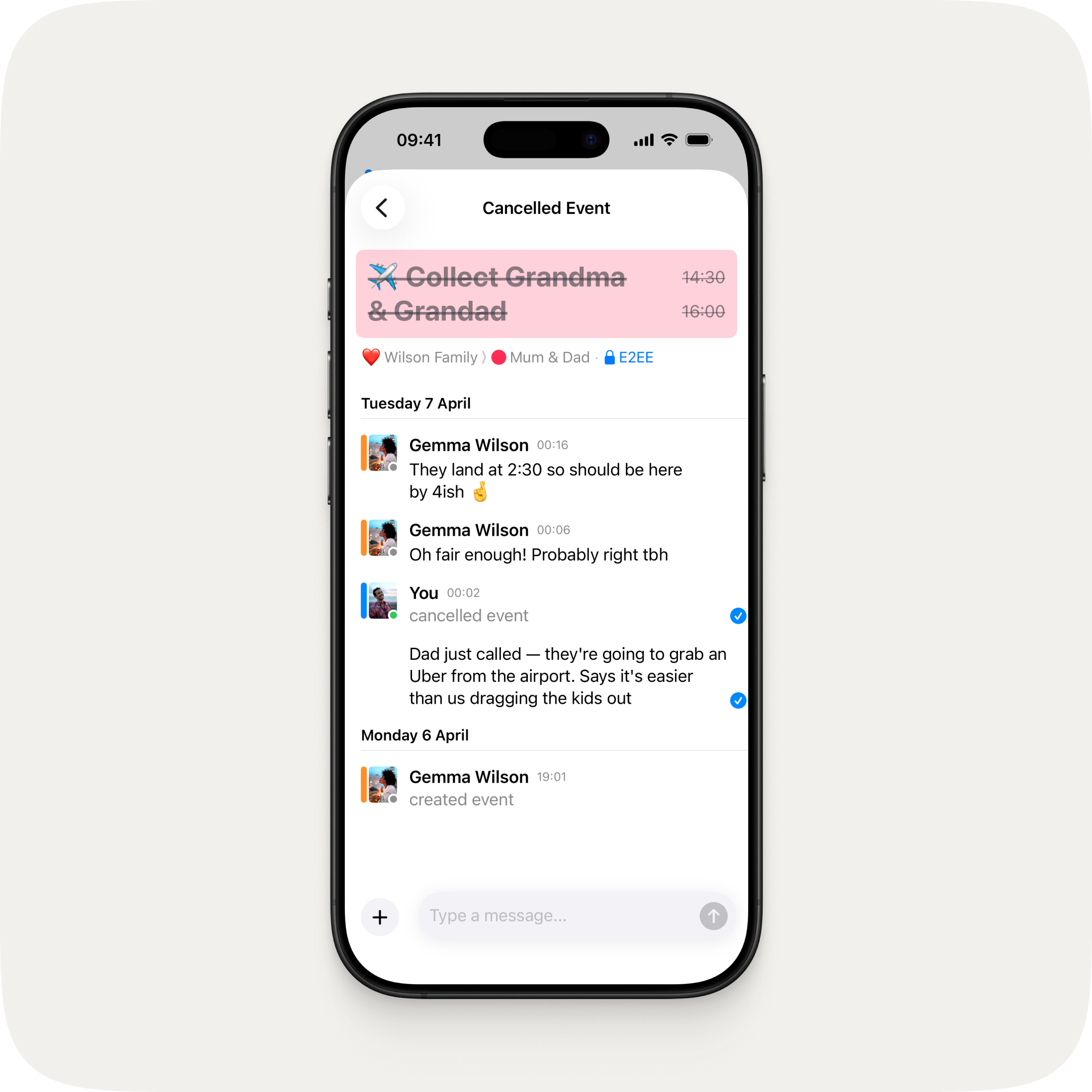 An iPhone showing a cancelled event titled "Collect Grandma & Grandad" with the title and times crossed out in a pink event card, followed by a chat thread where a family member explains the change of plans.