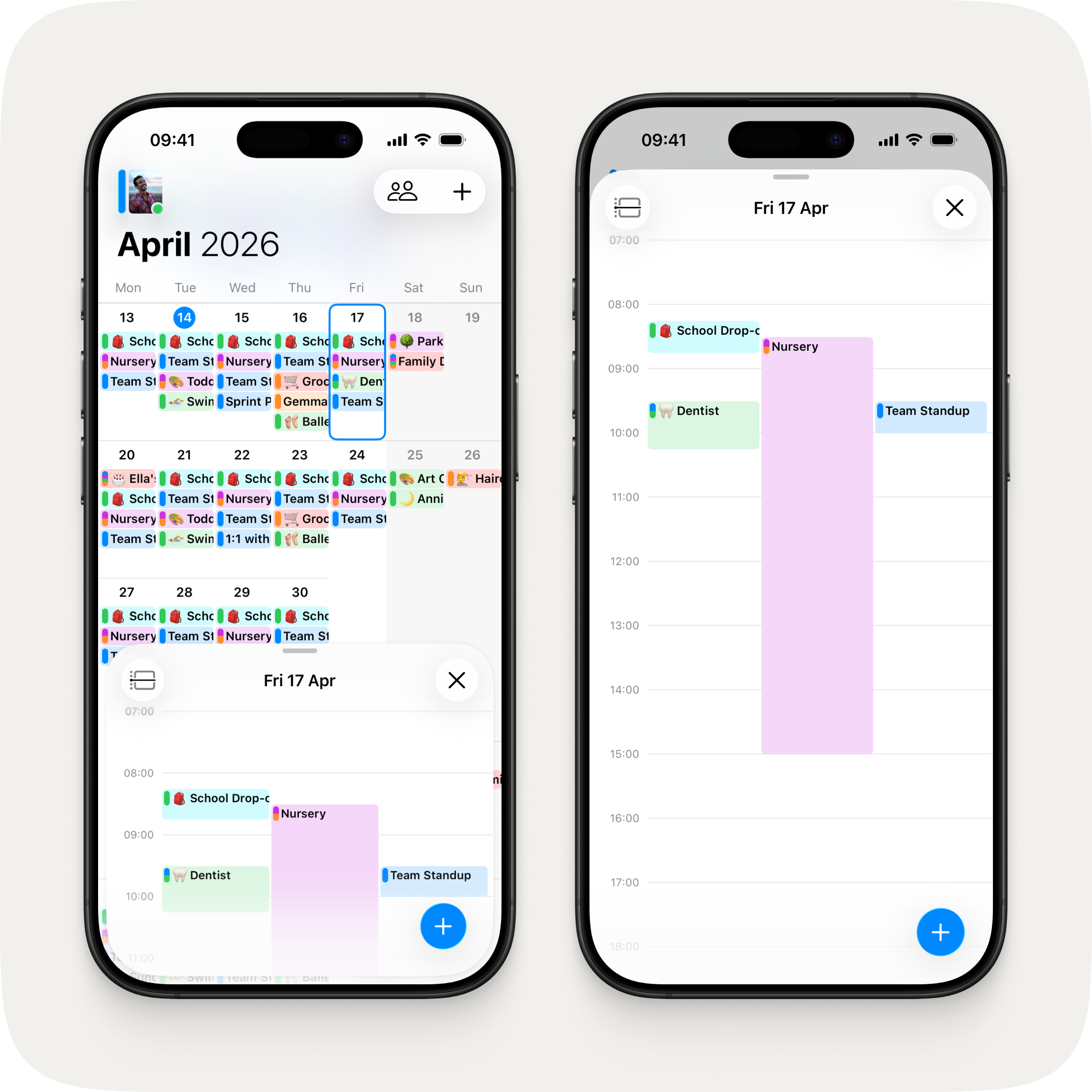 Two iPhones side by side. On the left, the calendar with the half-height agenda sheet showing a prominent blue + button in the bottom-right corner. On the right, the full-height agenda view with the same + button in easy reach.