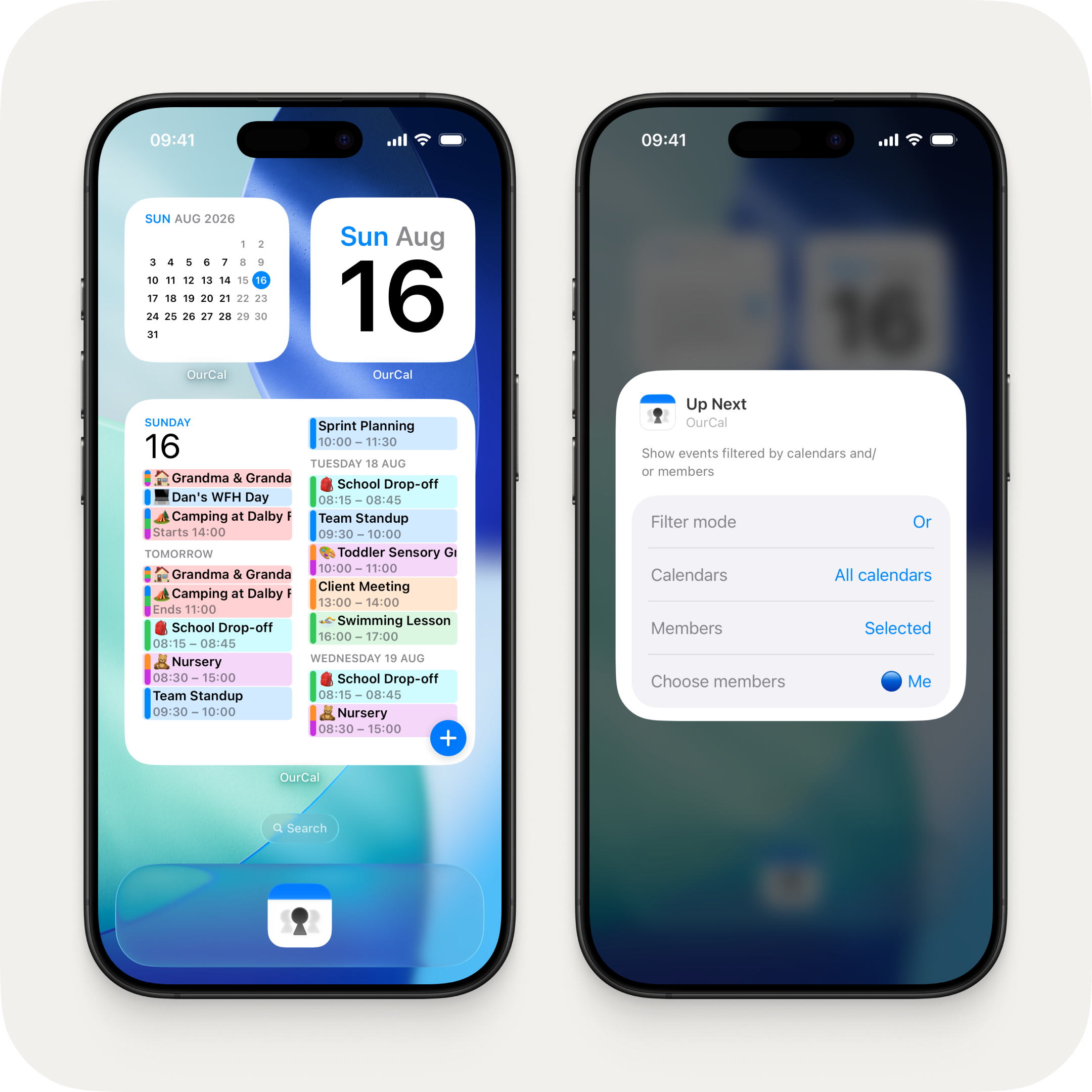 Two iPhones showing the redesigned Up Next widget on a blue iOS home screen. The left phone shows the large widget with a multi-day layout displaying events across Sunday and Tuesday. The right phone shows the widget configuration screen with calendar and member filtering options.