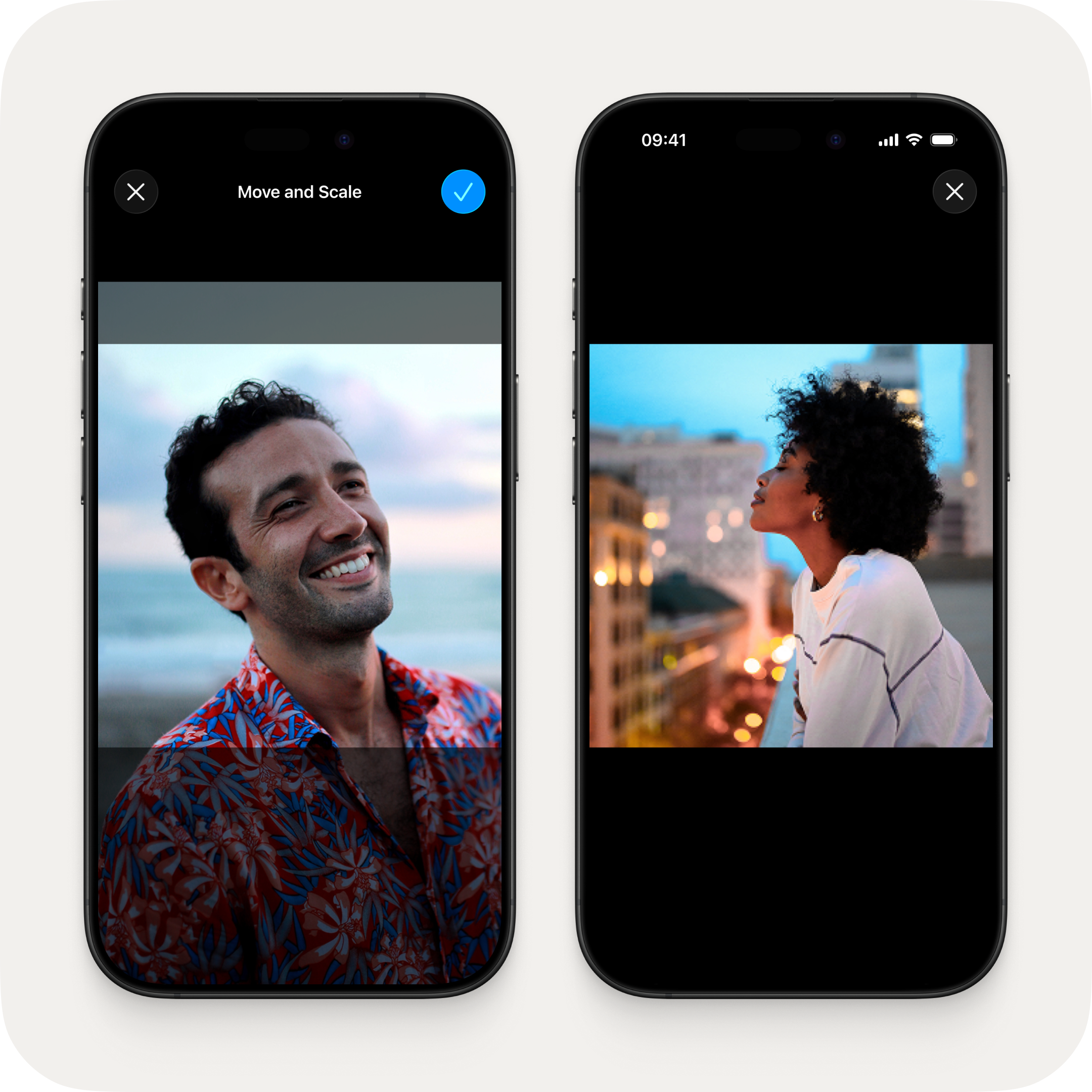 Two iPhones side by side. On the left, the "Move and Scale" square crop screen for framing a profile photo before uploading. On the right, a full-screen view of another member's profile photo.