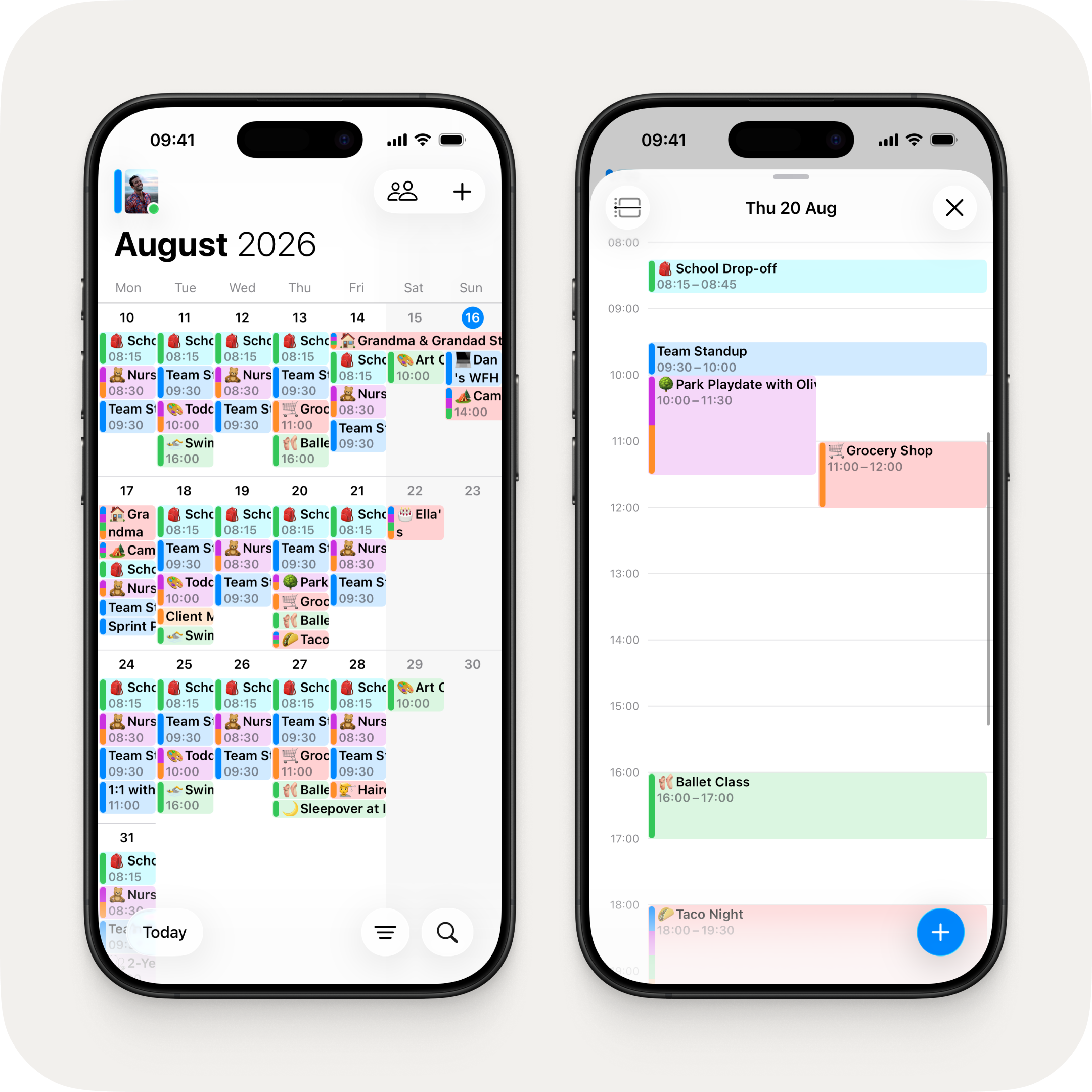 Two iPhones side by side. On the left, the August 2026 calendar view showing expanded event bars with time subtitles and colour-coded events filling their rows. On the right, the agenda timeline for Thursday 20 August with events filling their full time slots and showing time range subtitles.
