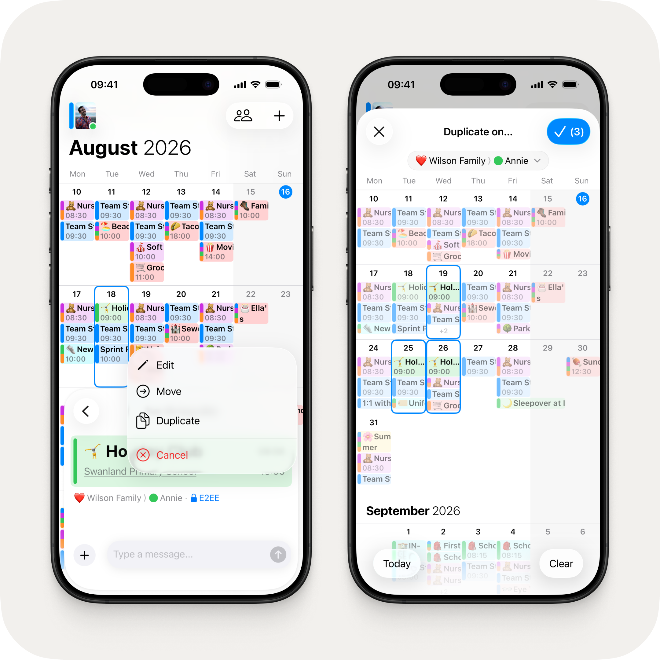 Two iPhones side by side. On the left, the event actions menu showing Edit, Move, Duplicate, and Cancel options. On the right, the "Duplicate on..." screen showing a live calendar preview with three selected dates highlighted in blue, existing events dimmed, and a confirm button showing the count.