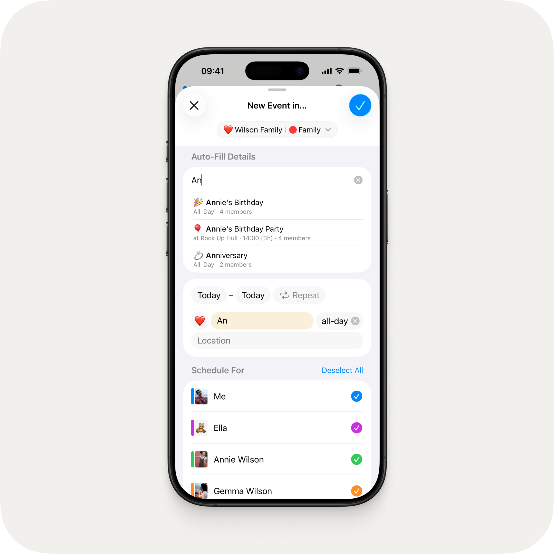 An iPhone showing the New Event screen with "An" typed in the auto-fill field, displaying three matching suggestions from past events — Annie's Birthday, Annie's Birthday Party with location and time, and Anniversary — each with emoji, details, and member count.