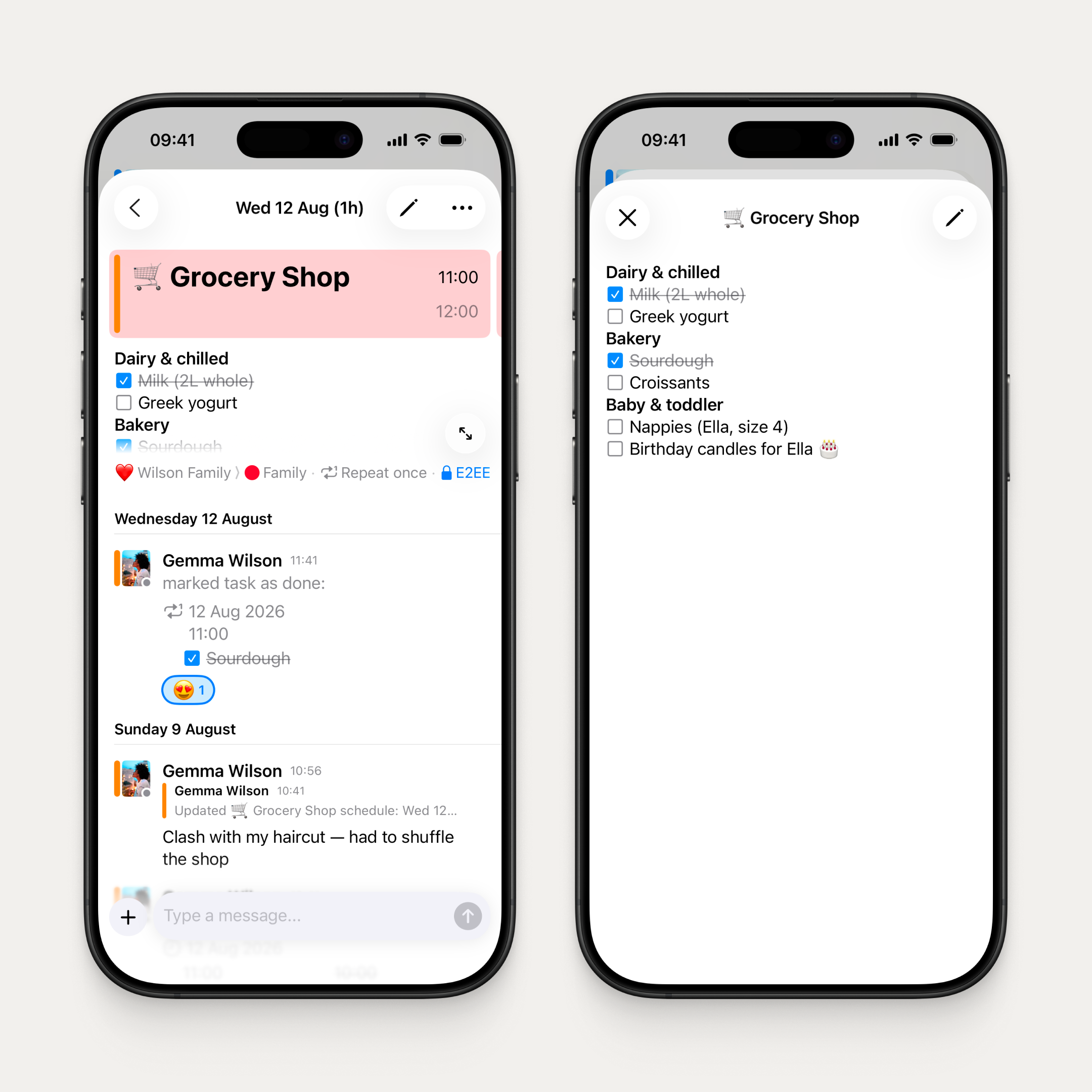 Two iPhones side by side. Left: the Grocery Shop event detail showing a checklist with "Milk (2L whole)" ticked off, organised by category, with the chat below showing "Gemma marked task as done: Sourdough". Right: the notes viewer showing the full checklist across Dairy & chilled, Bakery, and Baby & toddler categories including "Birthday candles for Ella 🎂".