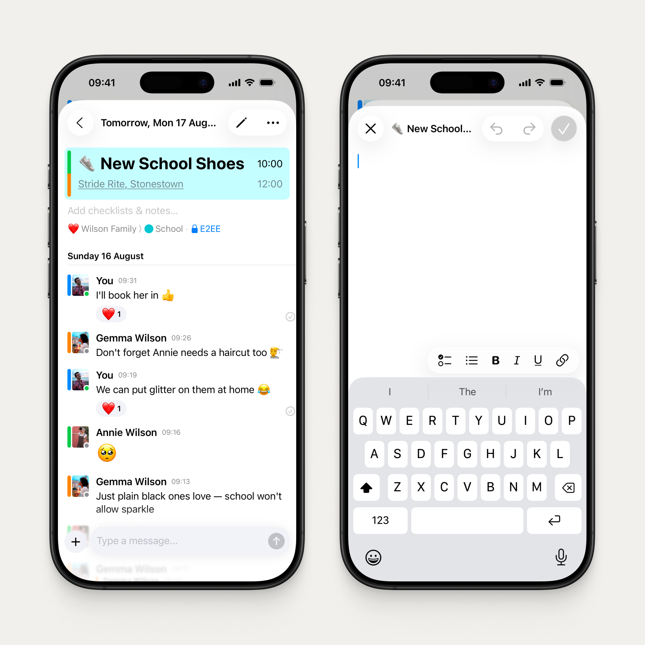 Two iPhones side by side. Left: the New School Shoes event detail showing "Add checklists & notes..." placeholder text below the event card, with the family chat thread underneath. Right: the empty WYSIWYG editor open and ready for input, with the floating toolbar showing checklist, bullet, bold, italic, underline, and link buttons.