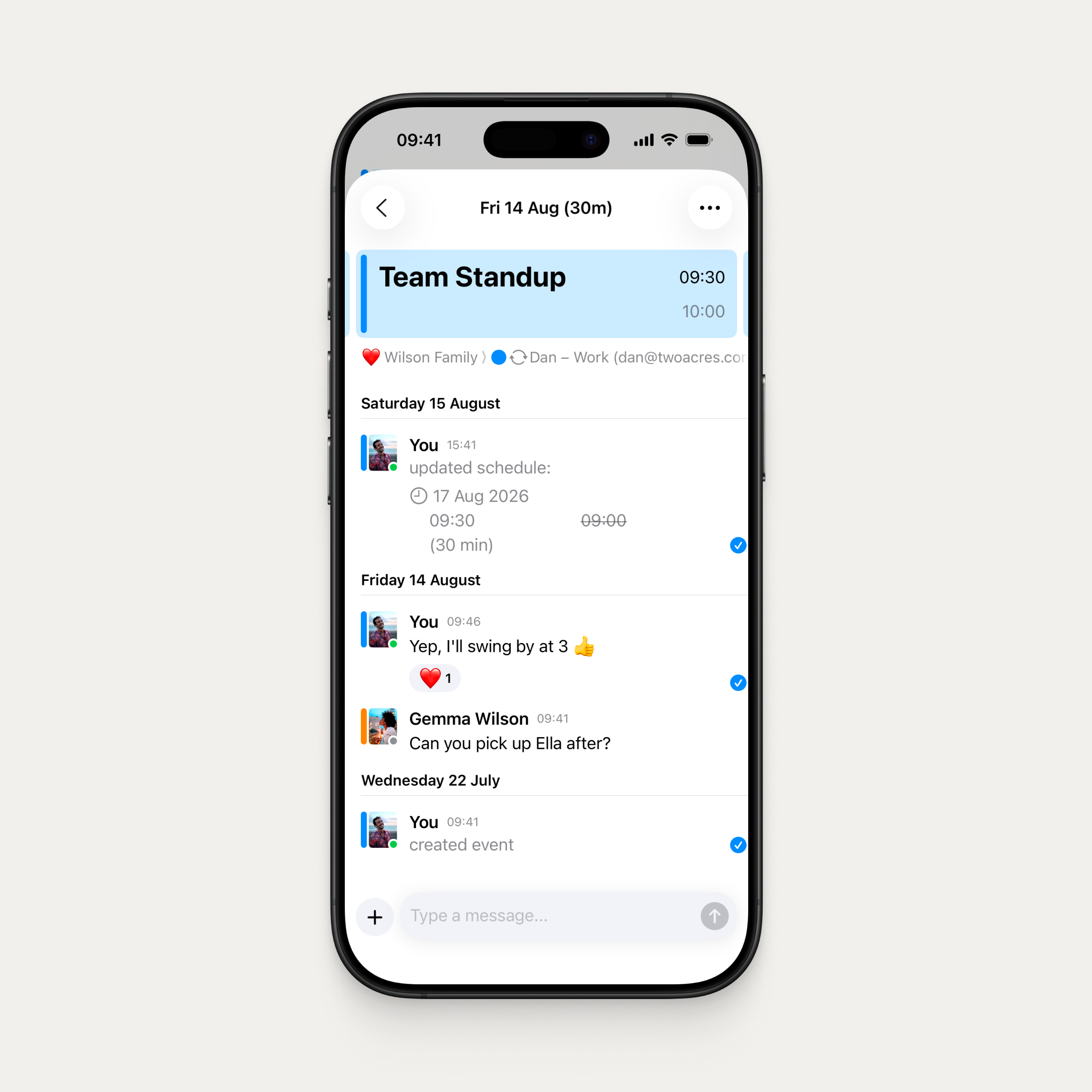 An iPhone showing a synced "Team Standup" event from Dan's Work calendar, with a full chat thread underneath — including an automated "created event" message, Gemma asking "Can you pick up Ella after?", Dan replying, and an automated schedule update showing the time change.