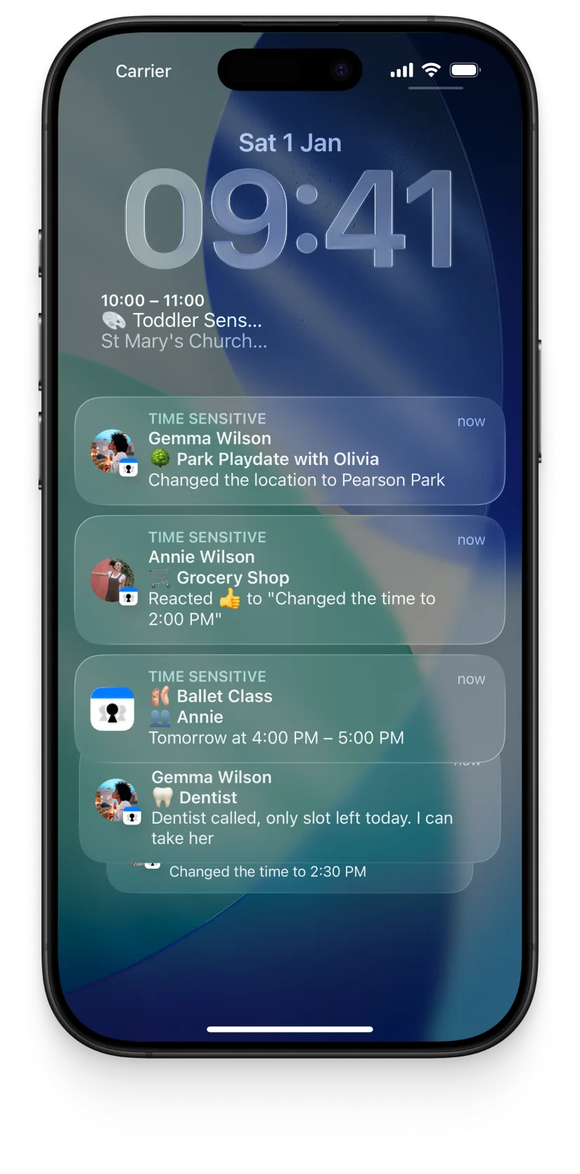 iPhone lock screen showing OurCal calendar-change notifications