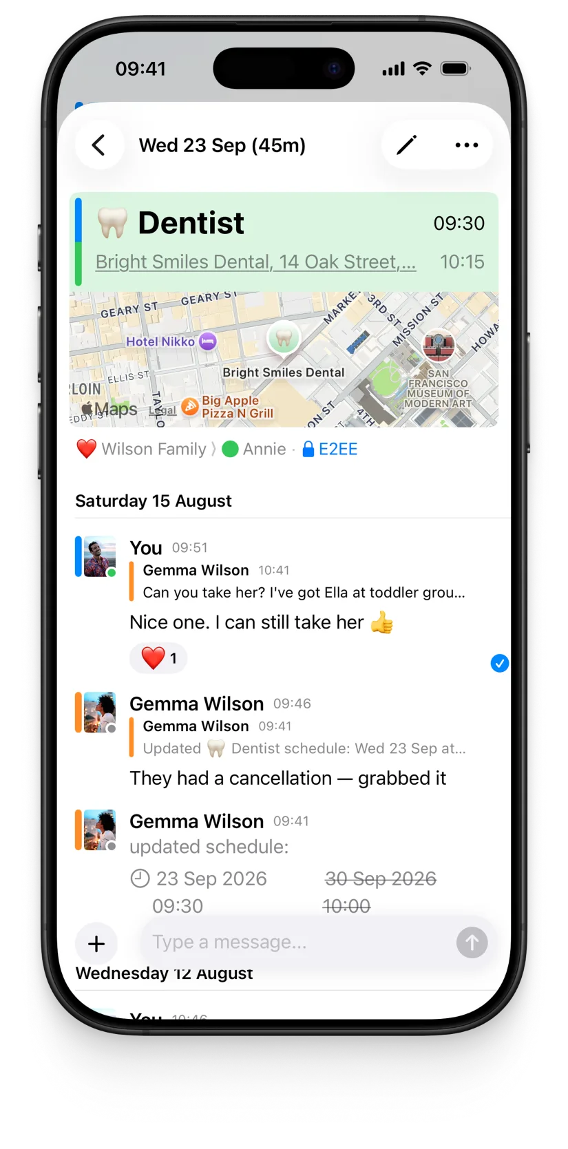 An OurCal event’s chat thread on iPhone