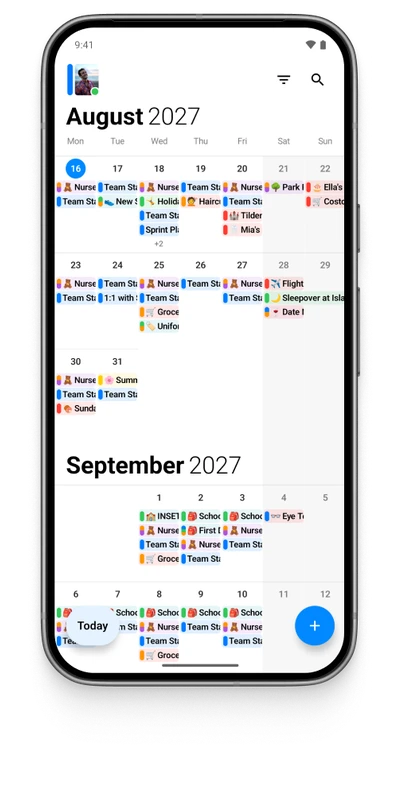OurCal’s colour-coded shared calendar in month view on an Android phone