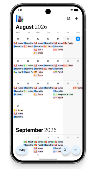 OurCal’s colour-coded shared calendar in month view on an Android phone